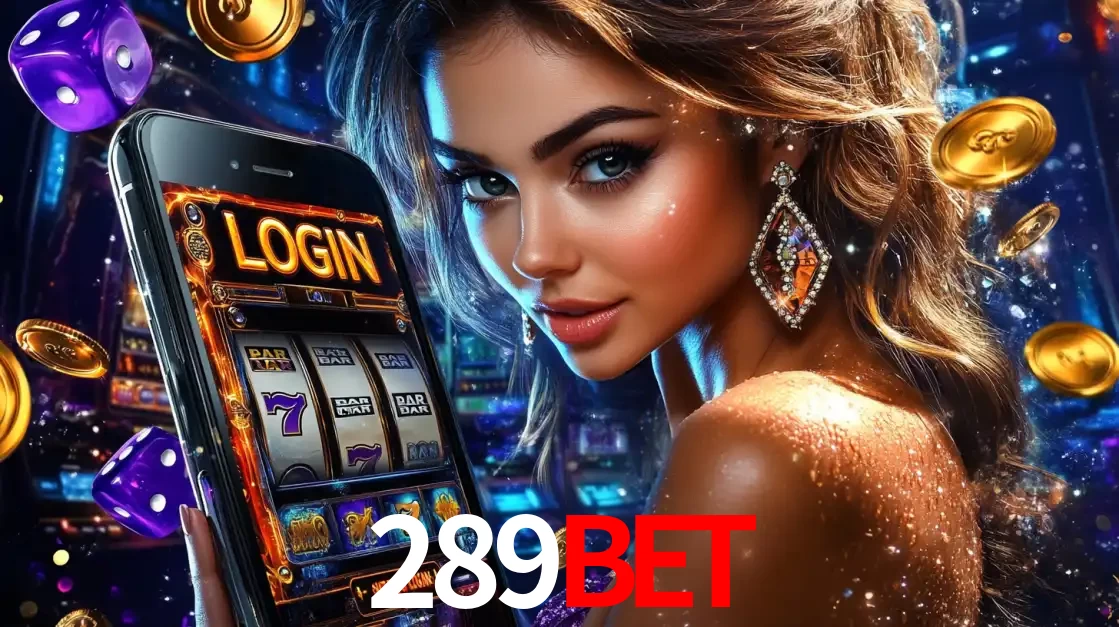 Mulher glamorosa segurando um smartphone com a tela de login para os jogos de caça-níqueis do cassino online 289bet, com moedas de ouro e dados ao redor.