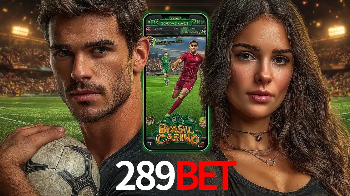 Homem segurando uma bola de futebol e uma mulher ao lado de um smartphone exibindo o jogo de apostas esportivas da 289bet. Faça seu palpite no cassino online.